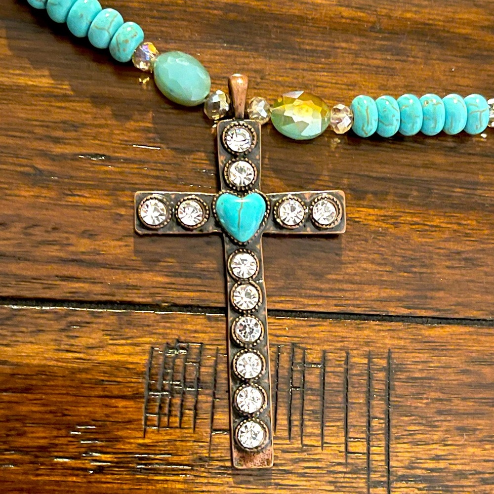 Turquoise and Rhinestone Cross Necklace
